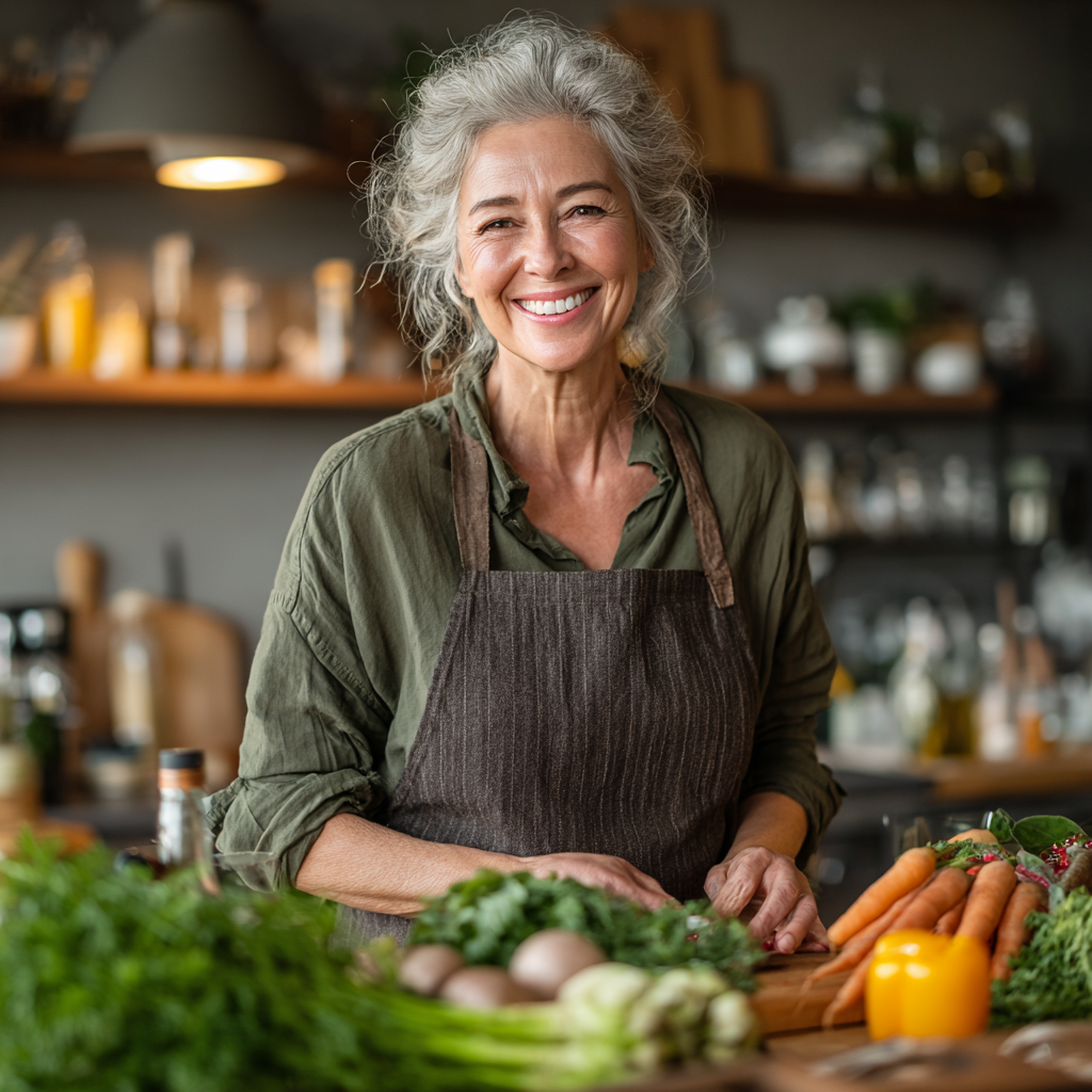 Happy satisfied woman in her early fifties smiling warmly while cooking healthy meal in her bright kitchen surrounded by fresh ingredients