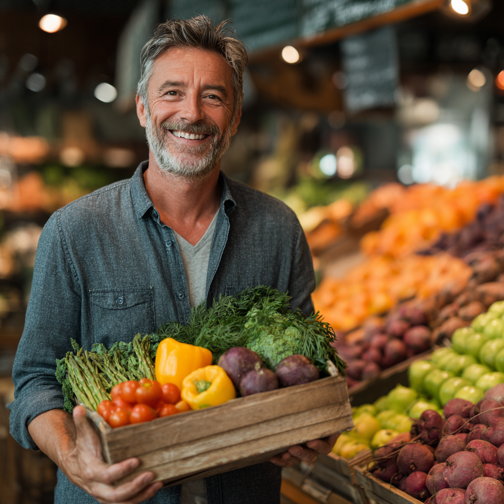 Healthy middle-aged man in his forties smiling while holding a variety of fresh colorful vegetables and fruits in a grocery store