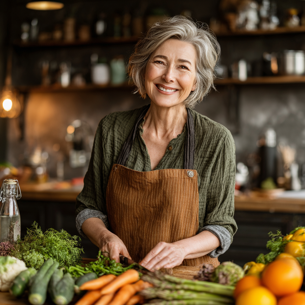 Smiling woman in her fifties preparing healthy vegetables and fruits in a bright modern kitchen, representing balanced nutrition planning
